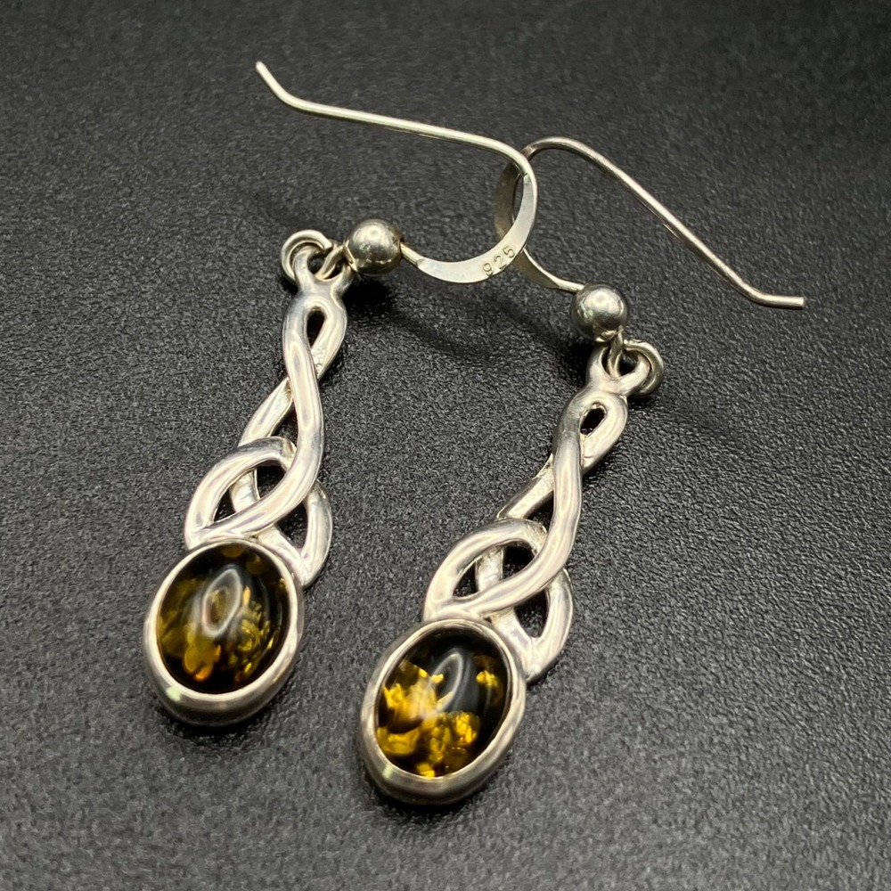 Vintage Sterling Silver Green Amber Celtic Knot Dangle Earrings 1.5" NHJ